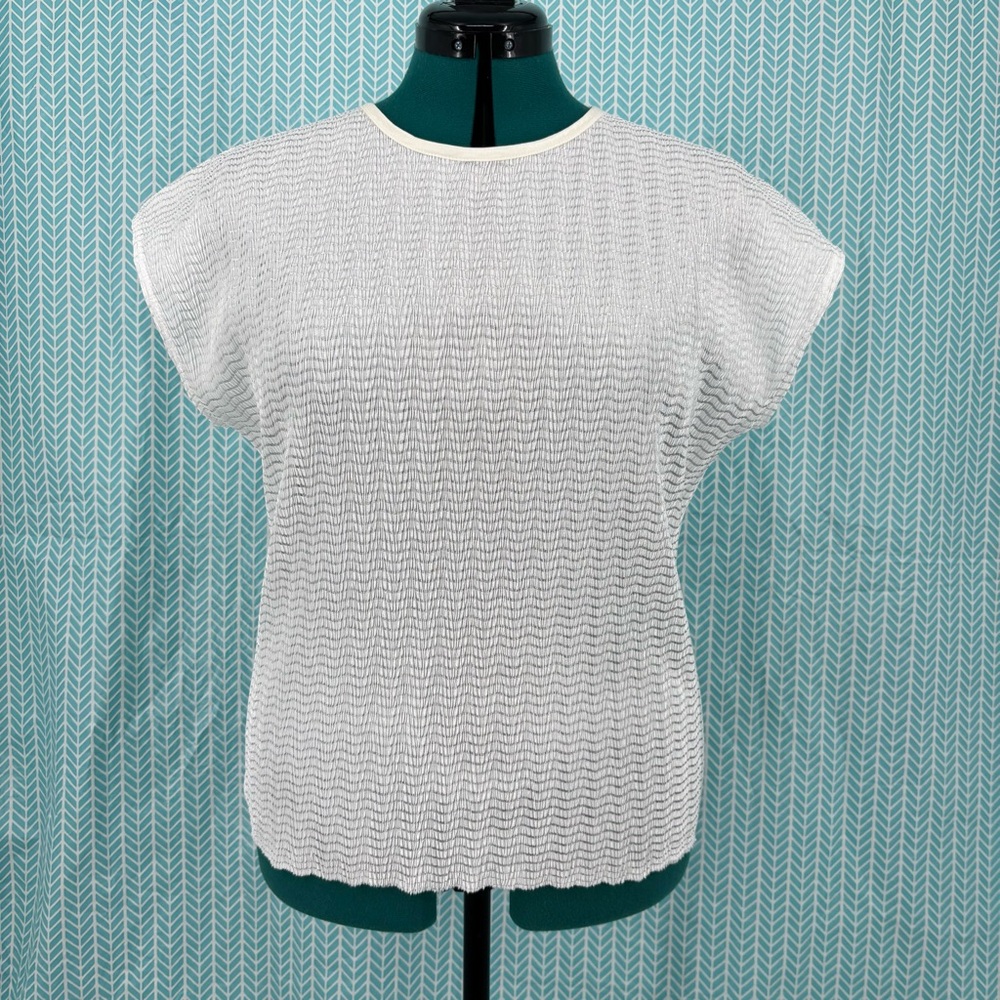TanJay Petites White Textured Cap Sleeve Round Neck Blouse, Medium Petite